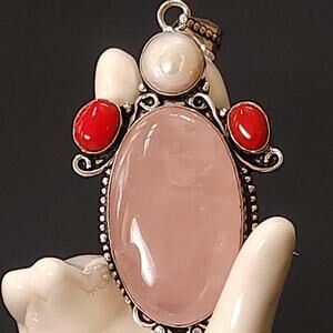 Rose Quartz Sterling Silver Pendant with Red Coral and Pearl Artisan Design